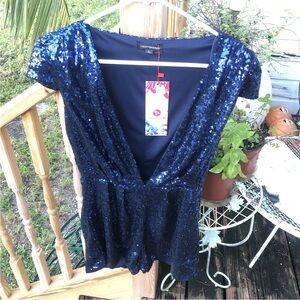 Haoyouduo Blue Sequin Romper Sz L XL Plunging Neckline Cap Sleeve Tap Shorts
